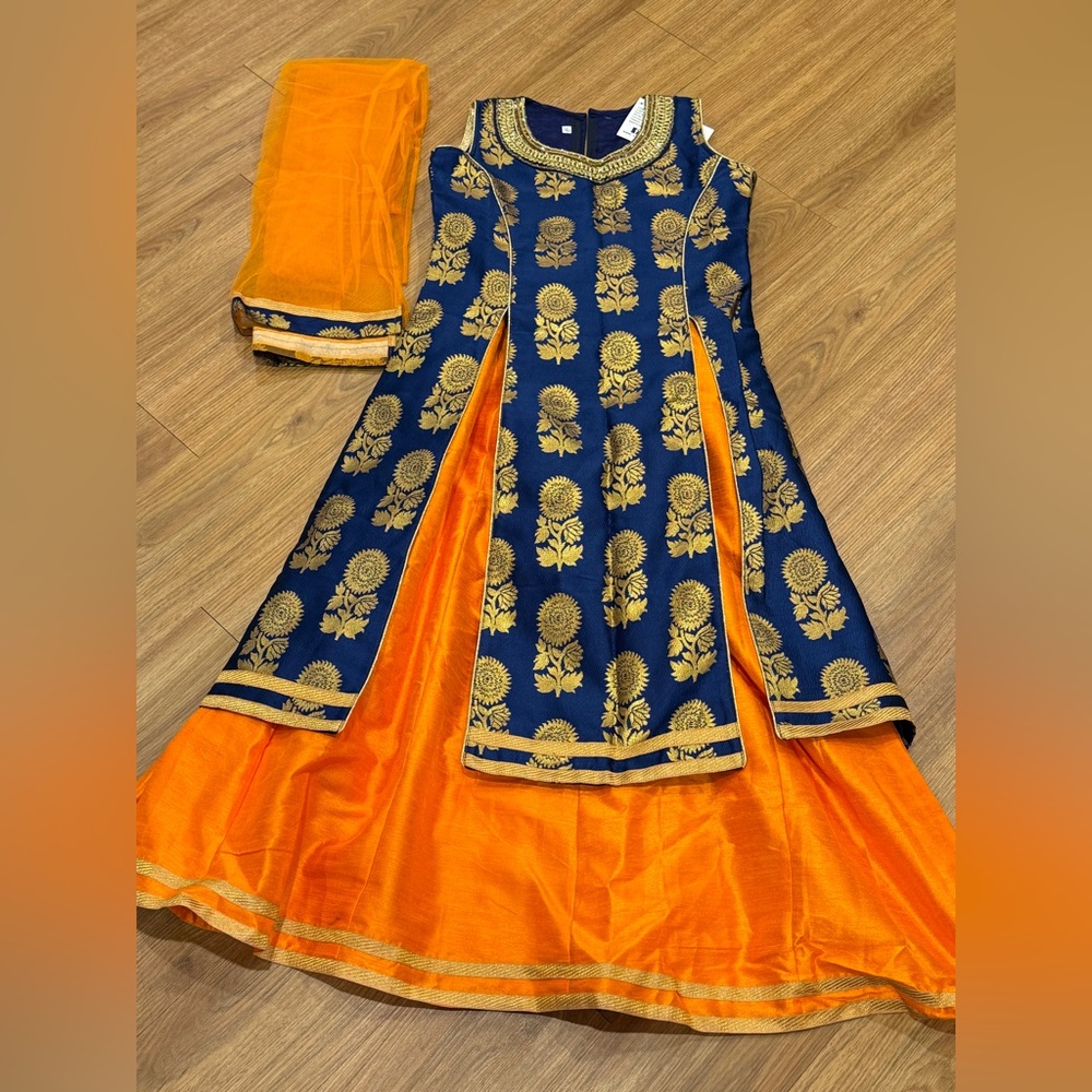 Navy and Orange Embroidered Dress for Indian wedding events - preteen sized